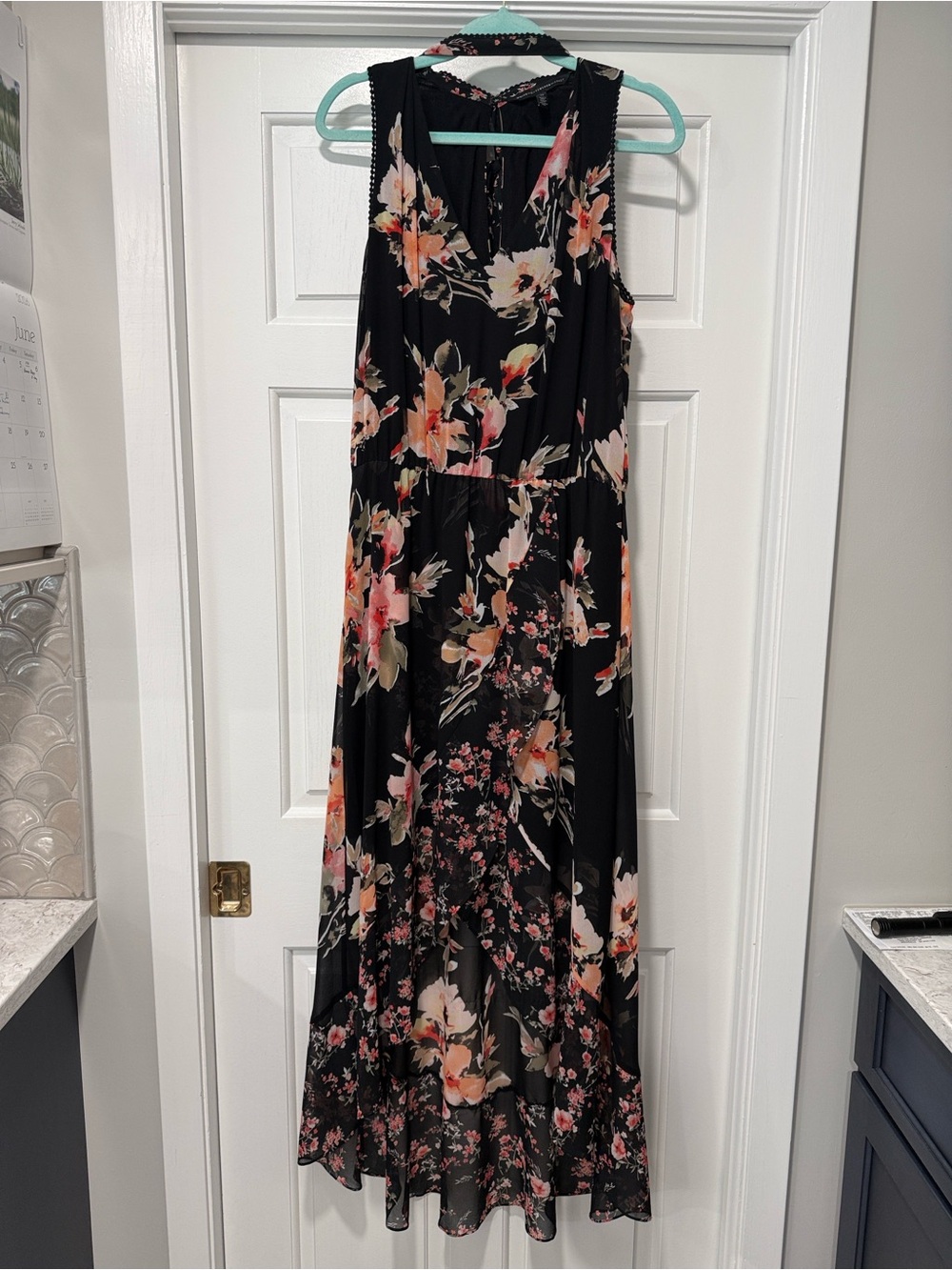 White House Black Market Black Maxi Dress with Pink and Peach Floral Print